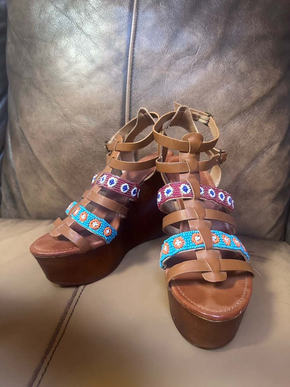 BAMBOO Tan Brown Platform Wedge Sandals with Turquoise & Purple Beaded Straps